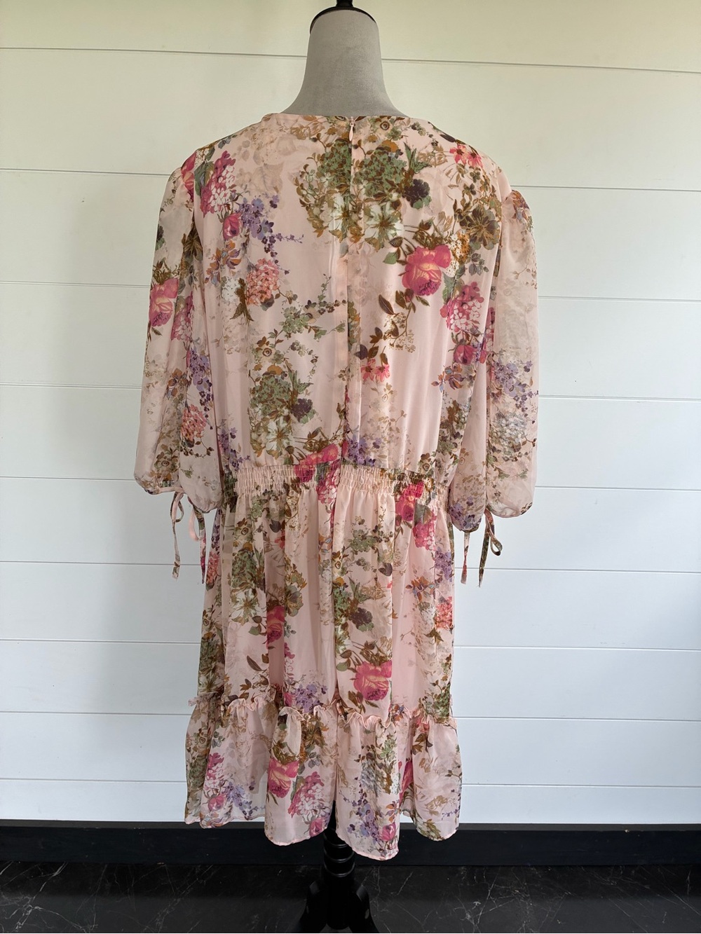 Taylor Floral Chiffon A-Line Dress 22W Pink Knee Length V-Neck Balloon Sleeve - Picture 9 of 11
